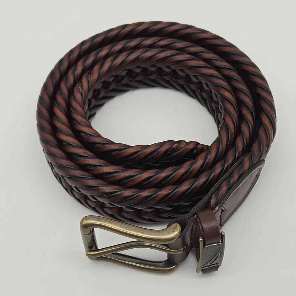 Nautica Braided Belt Brown Leather Mens 34 Bronze Buckle New